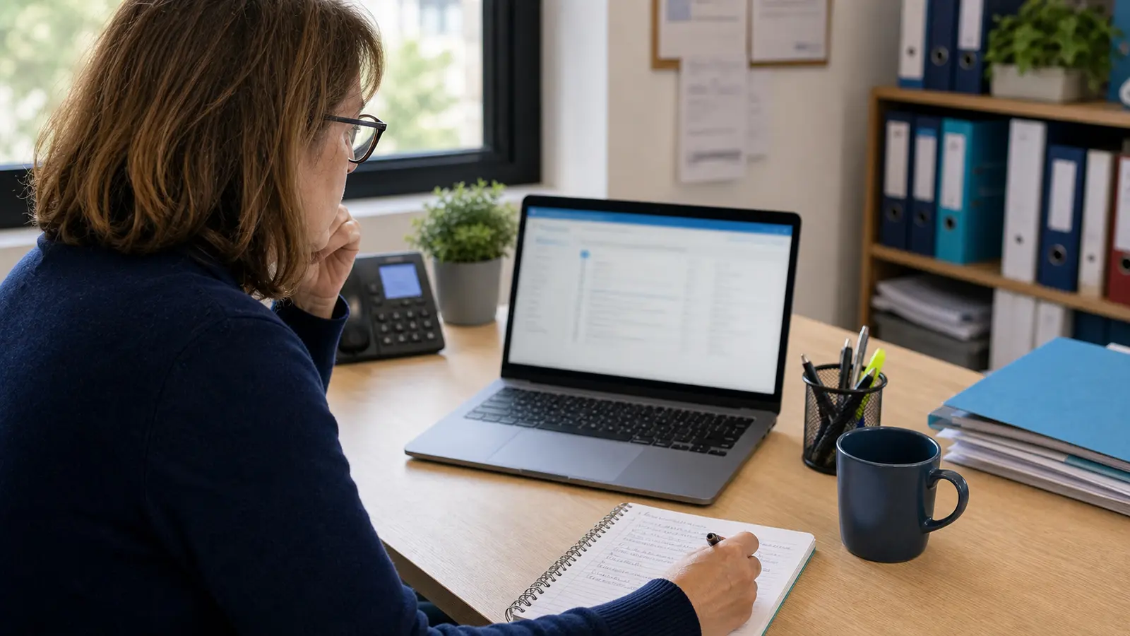 Utilisatrice préparant les informations à transmettre au support webmail
