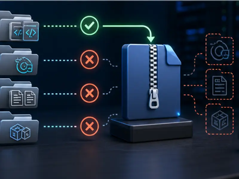 sélection des fichiers utiles et exclusion des caches avant compression ZIP