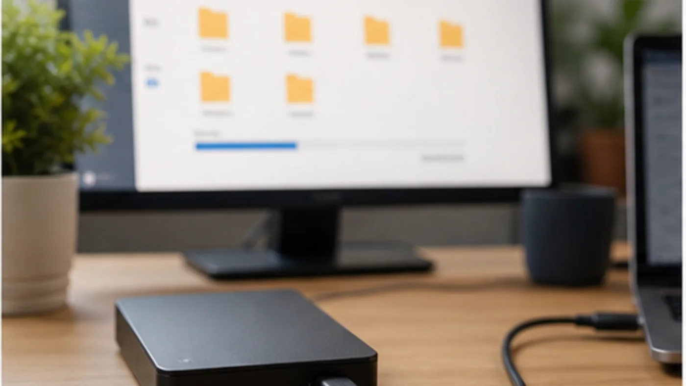Disque externe connecte a un ordinateur pendant une sauvegarde preventive