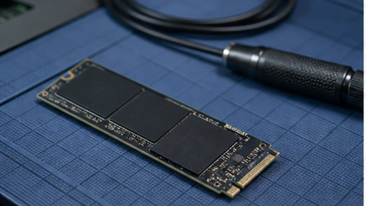 SSD NVMe pose sur un tapis antistatique avec outil de precision