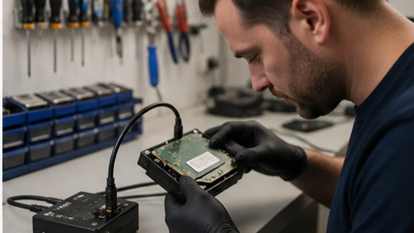 Technicien testant un disque dur sur un banc de diagnostic informatique