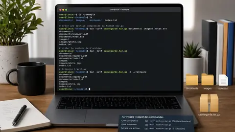 Terminal Linux montrant des commandes tar.gz de création, liste et extraction