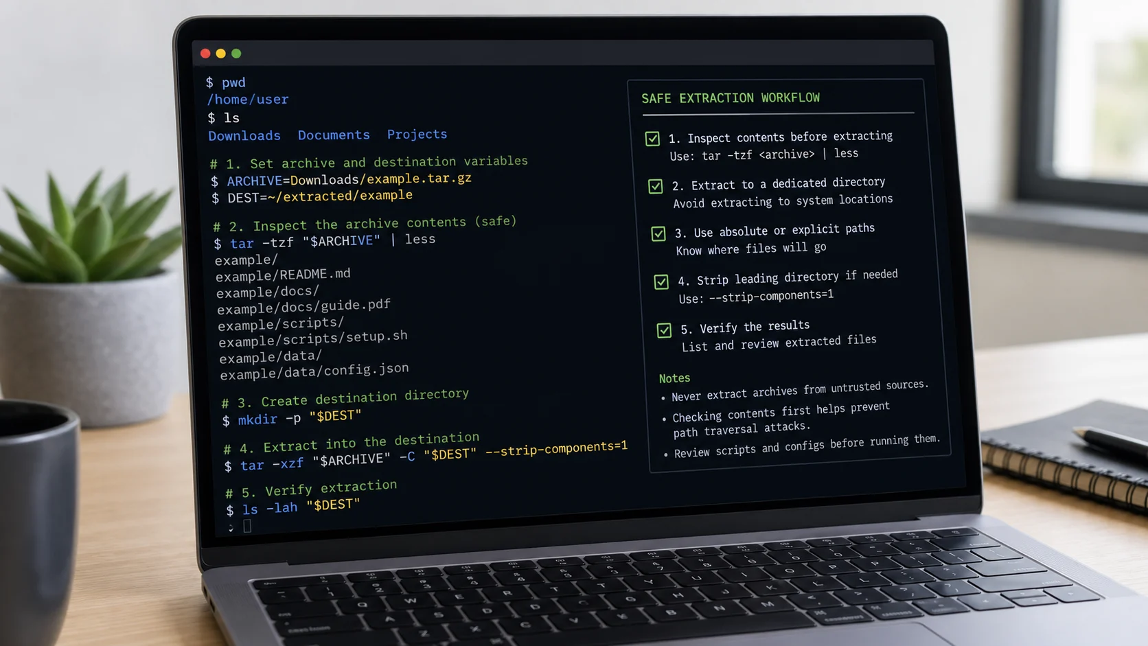 Terminal Linux montrant une extraction tar.gz vers un dossier dédié avec checklist