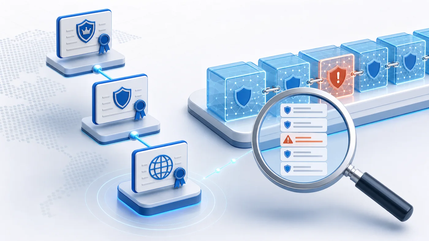 Chaîne PKI et journal Certificate Transparency inspectés pour détecter une anomalie