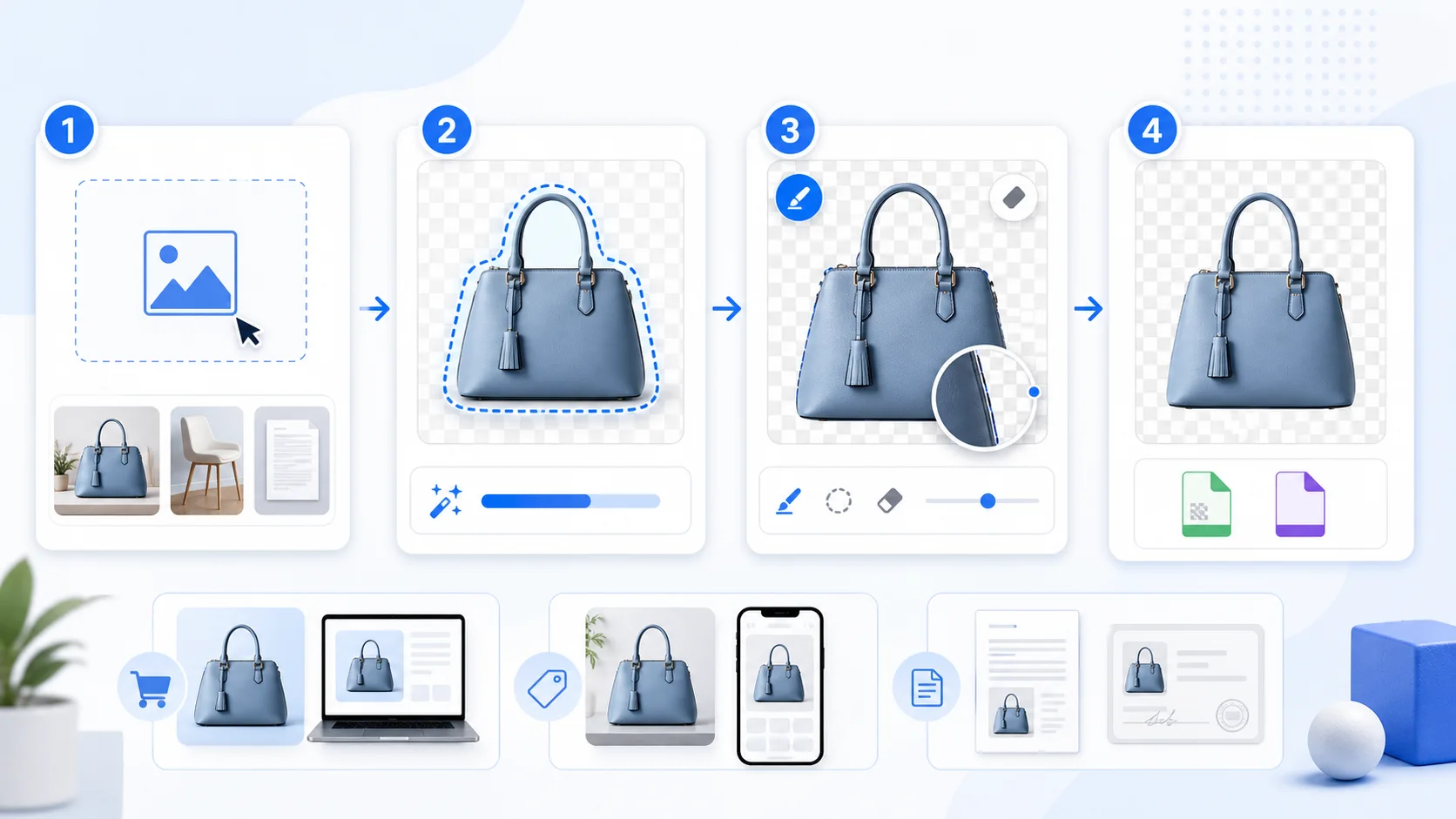 workflow en quatre étapes pour détourer une image et exporter un PNG transparent