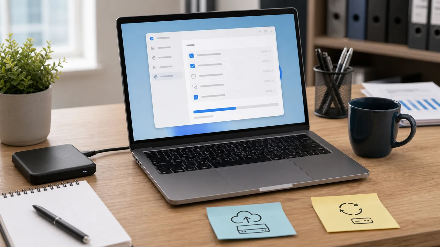 ordinateur Windows avec checklist de maintenance stockage sur un bureau PME