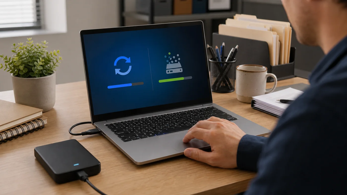 ordinateur Windows avec disque externe avant nettoyage des fichiers temporaires
