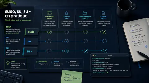Tableau de décision pour choisir entre sudo, su et su - selon le besoin administrateur Linux