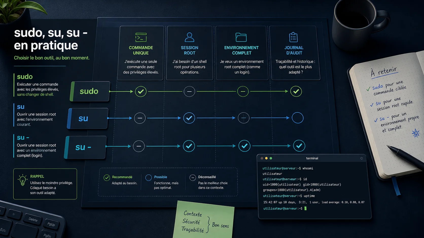 Tableau de décision pour choisir entre sudo, su et su - selon le besoin administrateur Linux