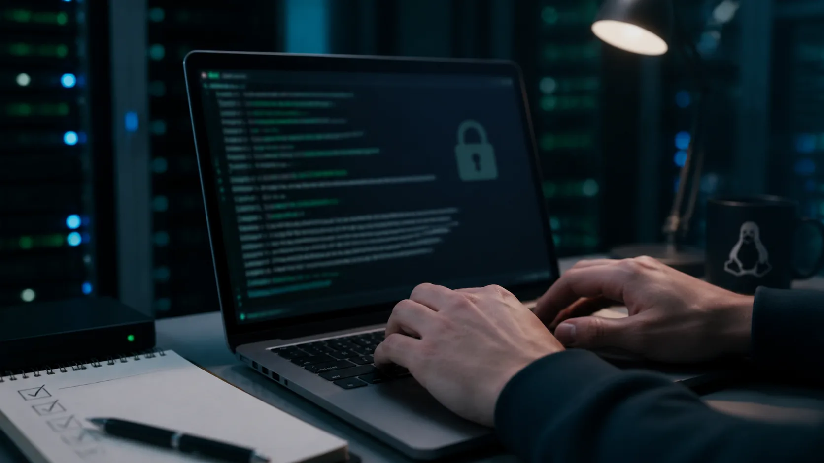 Administrateur Linux vérifiant une commande privilégiée sur un terminal avant exécution