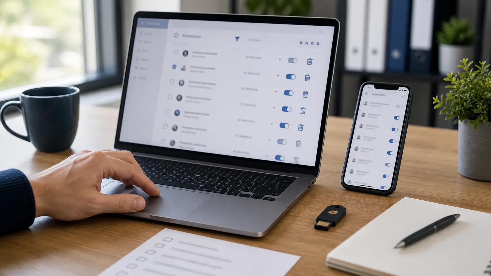Ordinateur et téléphone affichant une interface floutée de réglages et suppression d’activité