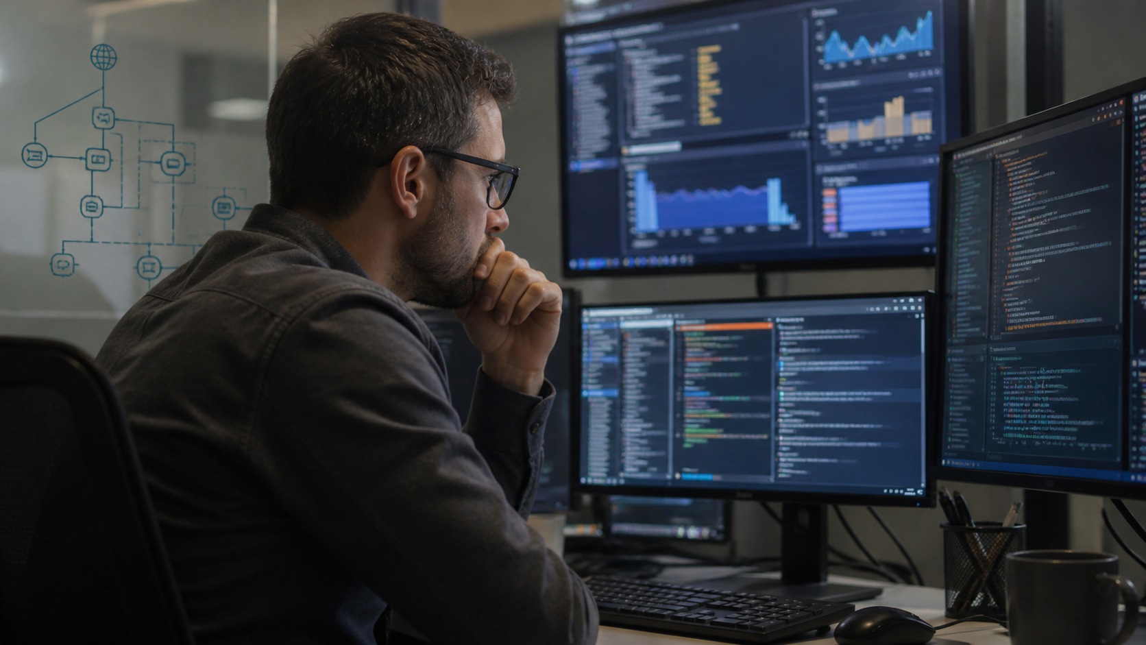Spécialiste informatique diagnostiquant une panne de site web