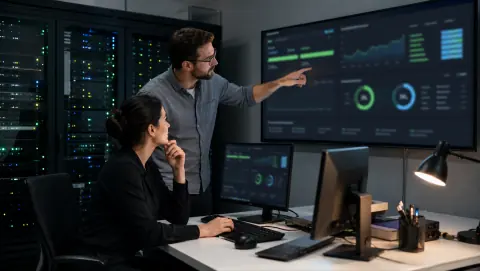 Équipe informatique contrôlant la supervision et les sauvegardes d’un hébergement