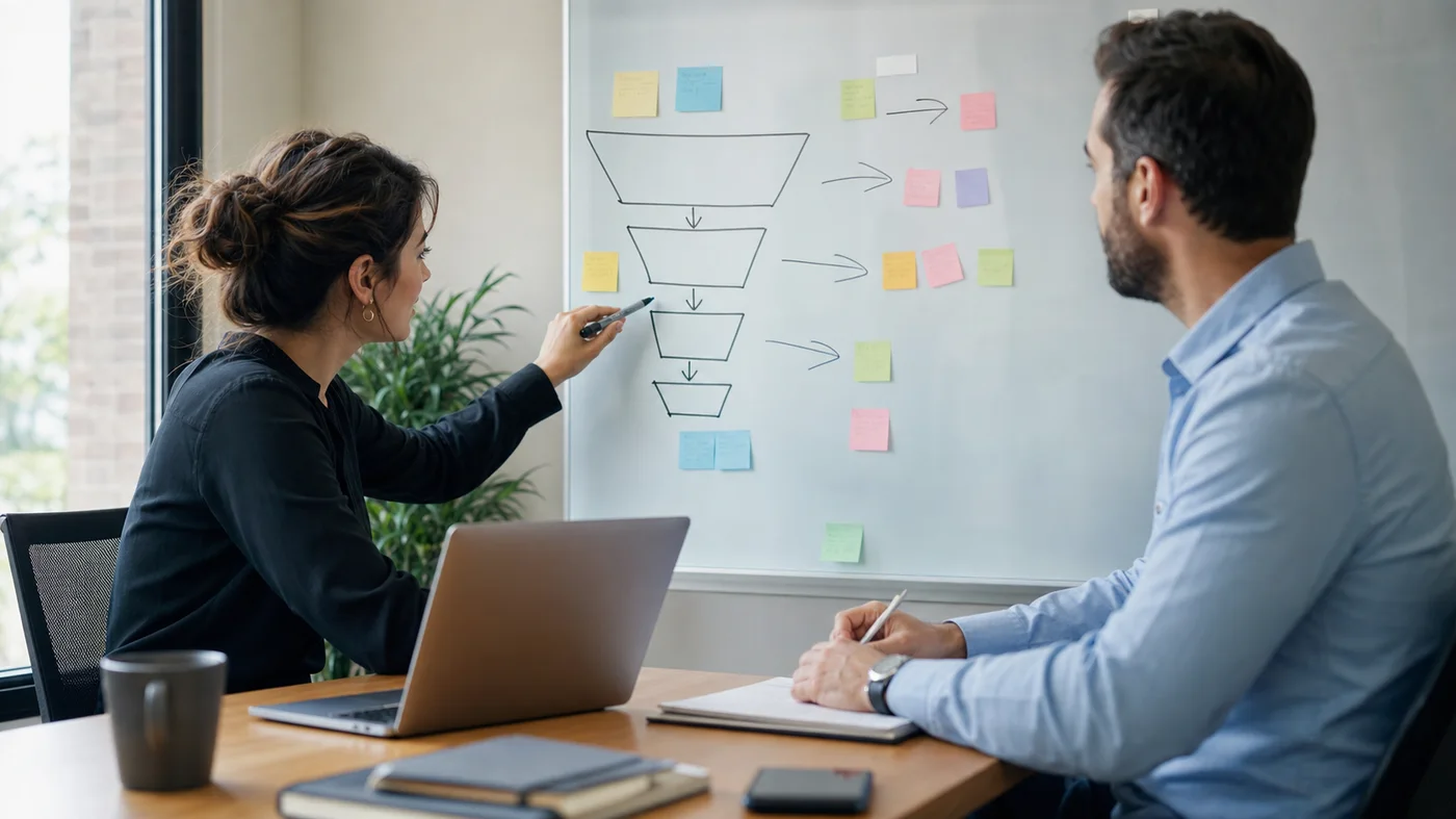 Equipe marketing et commerciale alignant les leads qualifies en reunion
