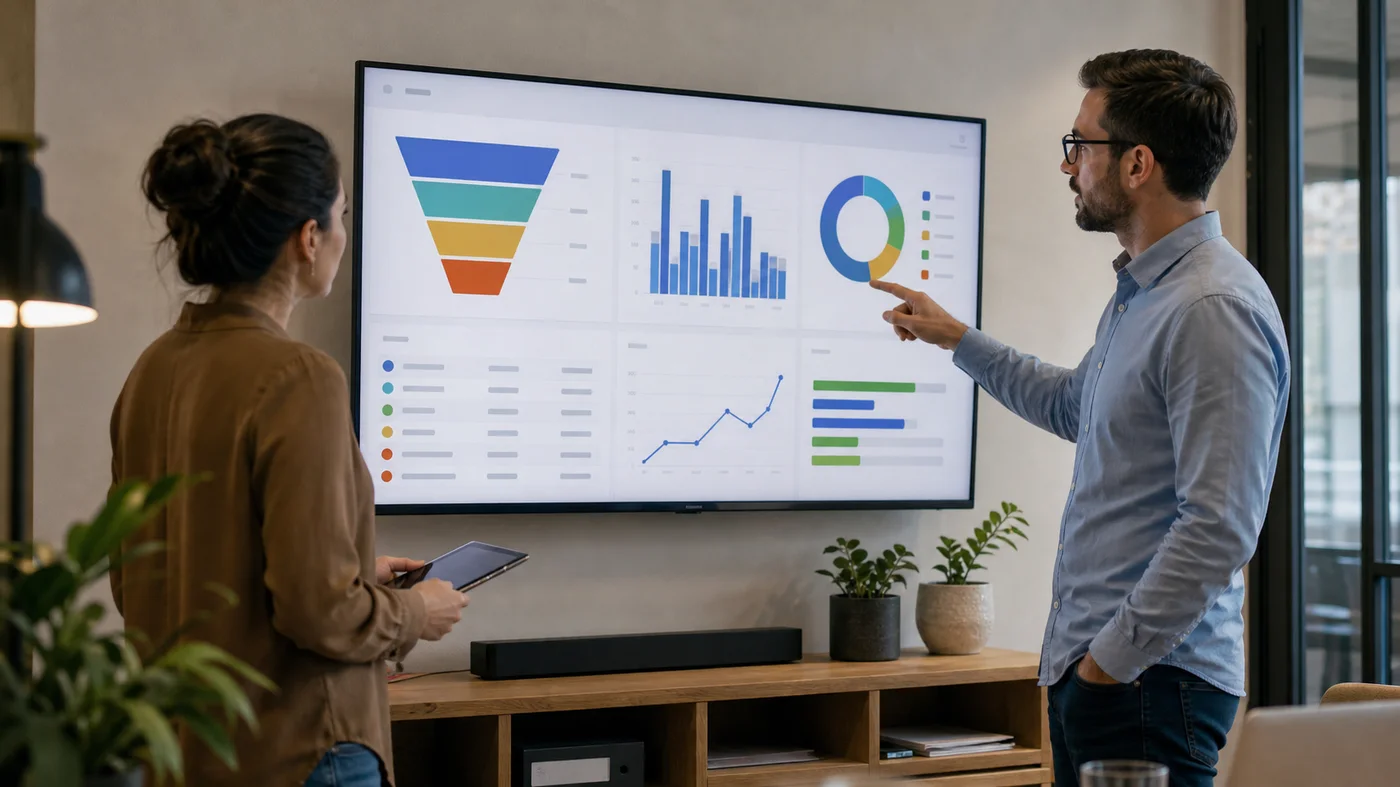 Equipe PME analysant un tableau de bord de leads et de conversions