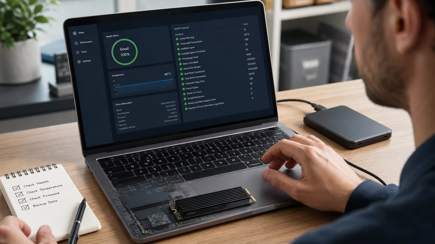technicien verifiant la sante d un SSD avant une mise a jour Windows
