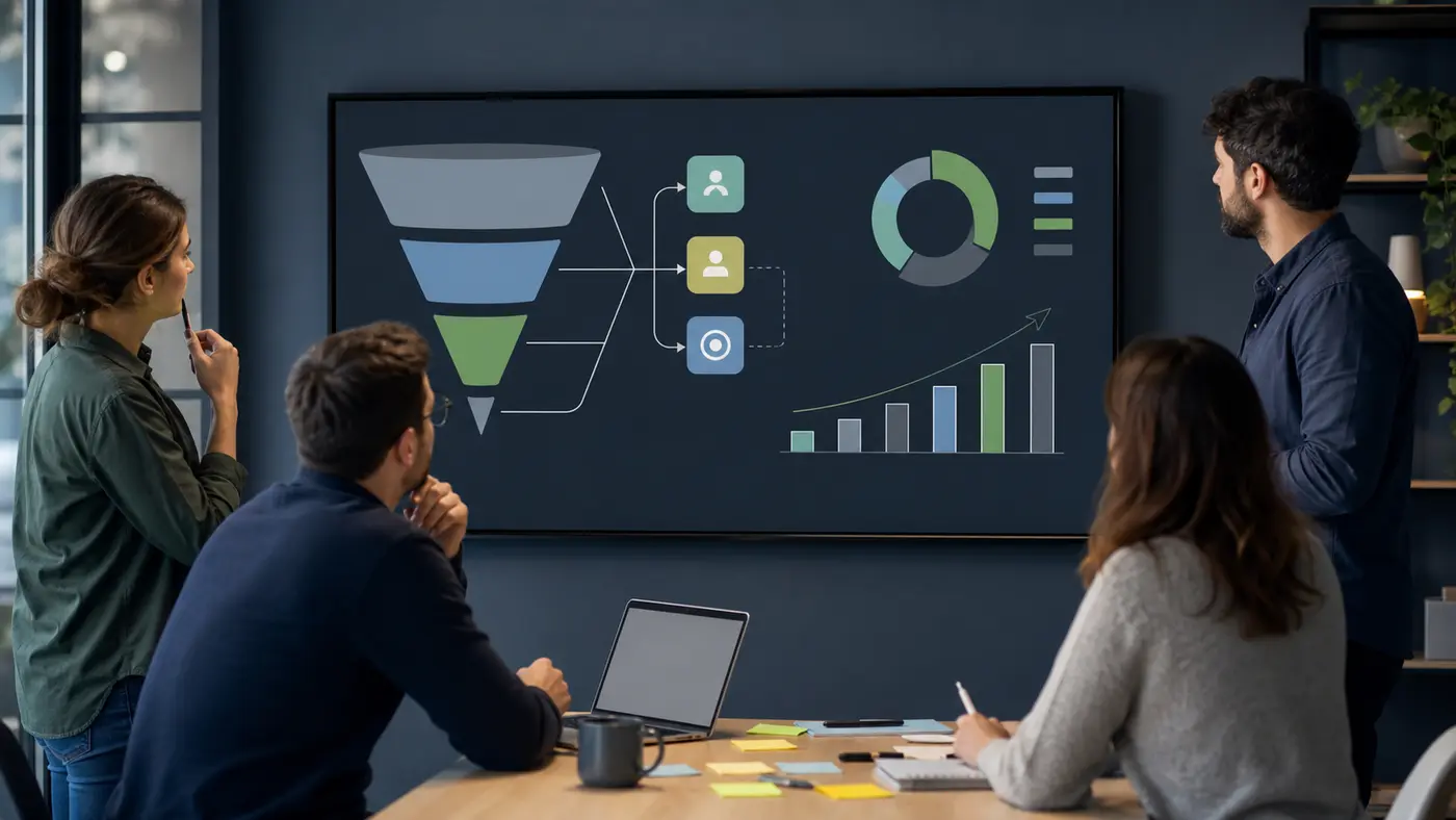 Équipe marketing analysant un entonnoir de conversion avant d’optimiser le budget publicitaire