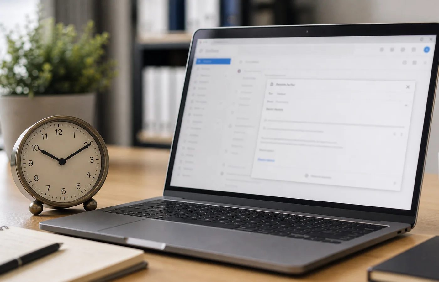 ordinateur avec brouillon de mail flouté et horloge posée à côté