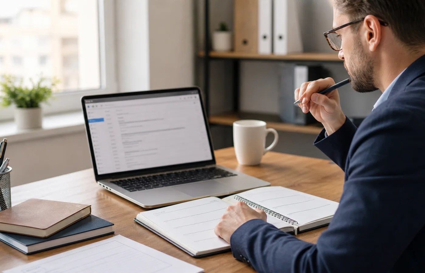 professionnel relisant un brouillon de mail Outlook près d’un agenda papier
