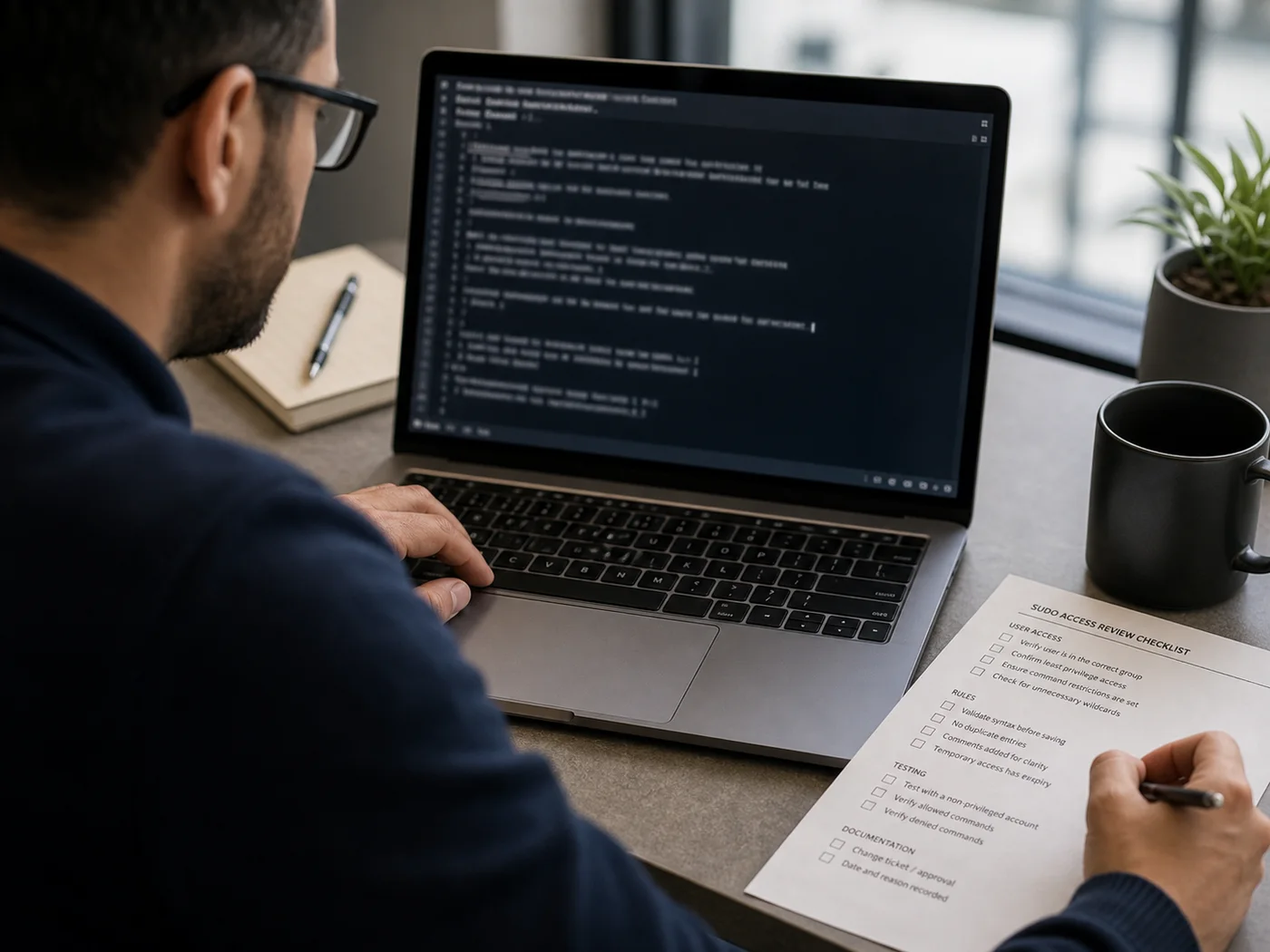 administrateur Linux qui vérifie une configuration sudoers sur un terminal