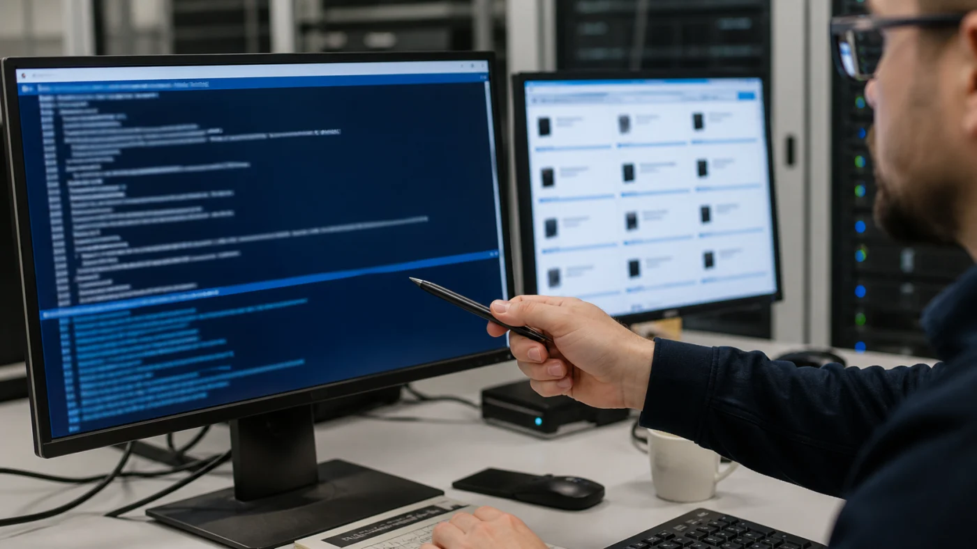 Technicien vérifiant une clé Windows depuis un terminal PowerShell abstrait