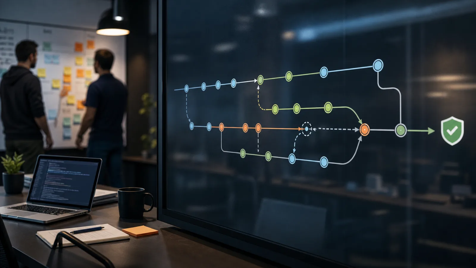 graphe de branches Git et workflow de fusion dans un environnement de développement