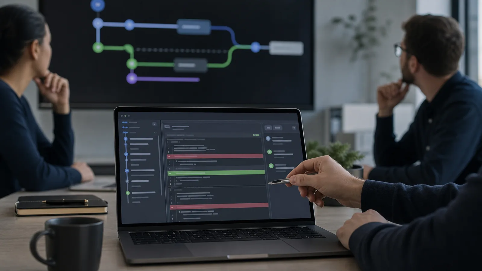 équipe technique relisant un changement Git avant fusion