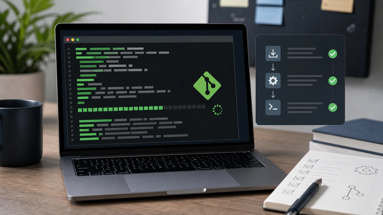 ordinateur portable affichant une installation Git et une checklist de configuration