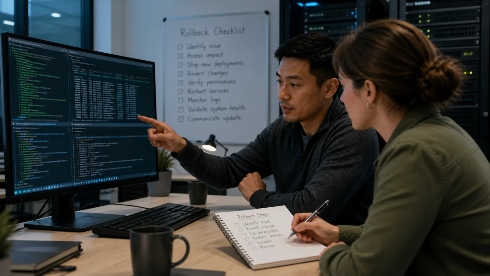 Equipe informatique corrigeant un incident de permissions Linux avec un plan de retour arriere