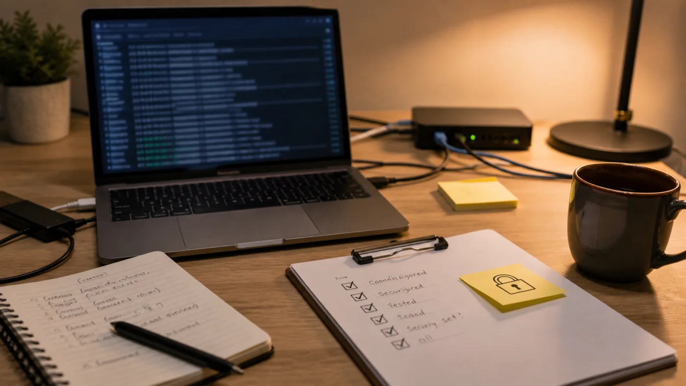 Bureau avec journal de connexion VPN flouté et checklist de dépannage