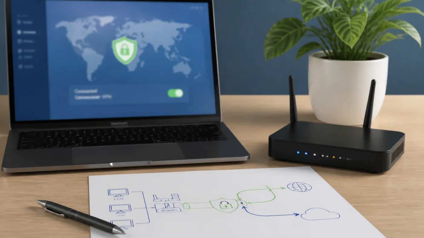 Schéma de routage VPN avec ordinateur routeur et connexion internet