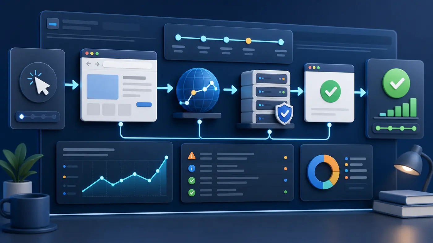 Illustration d’un workflow de diagnostic HTTP entre navigateur, réseau, serveur et validation