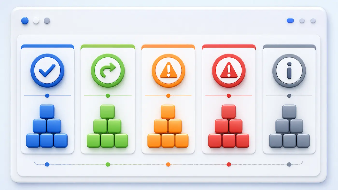 Illustration des familles de codes de statut HTTP avec cartes colorées