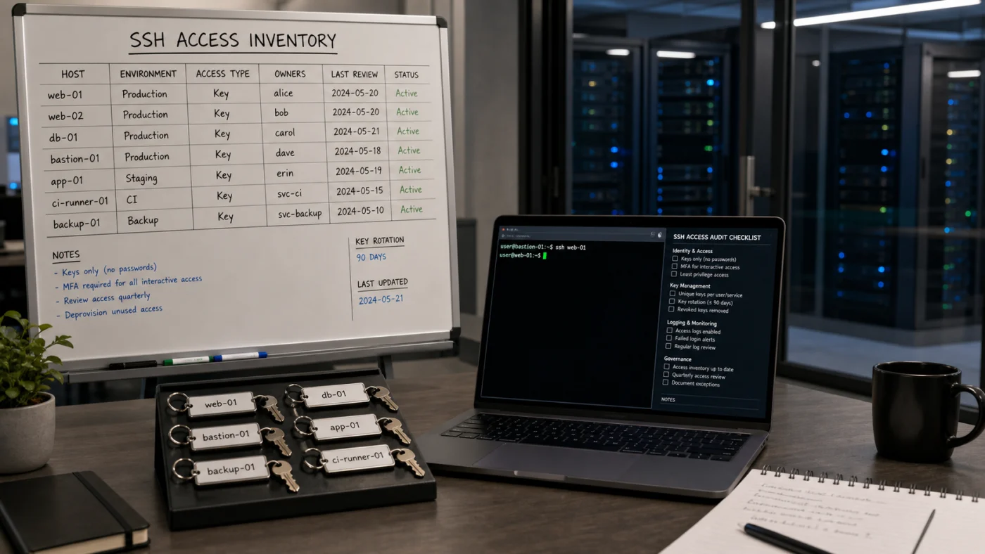 Inventaire des accès SSH avec clés identifiées, tableau de revue et terminal