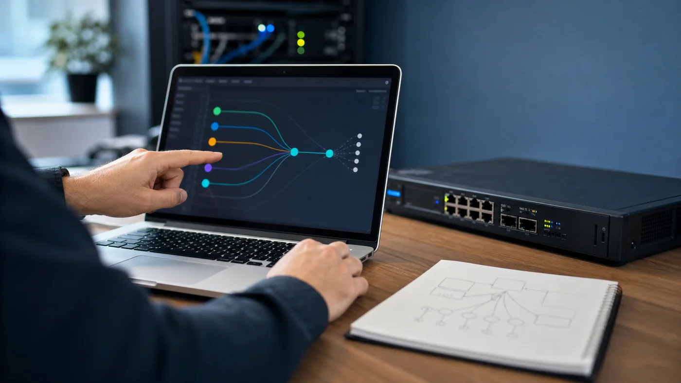 Administrateur visualisant des flux NAT et PAT sur un poste réseau