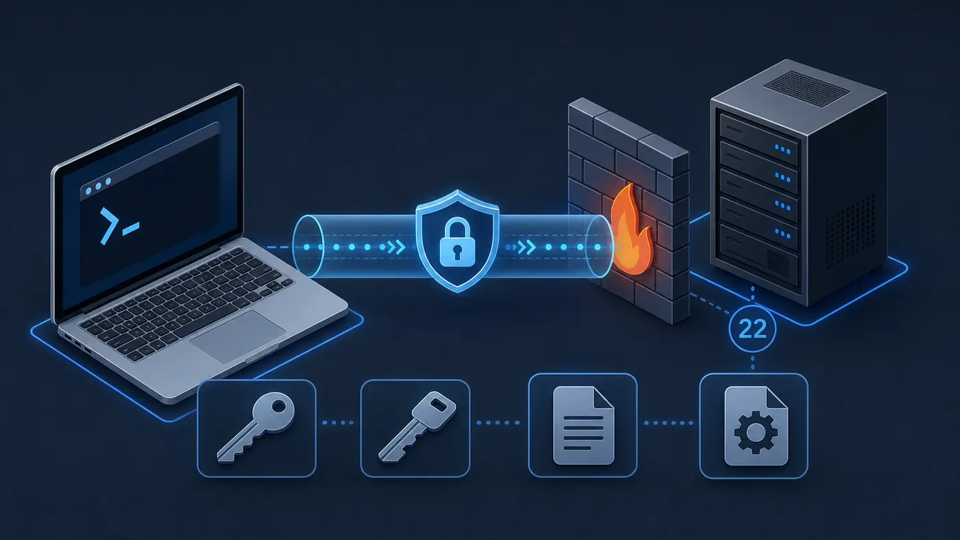 Schéma de connexion SSH entre un ordinateur, un pare-feu et un serveur