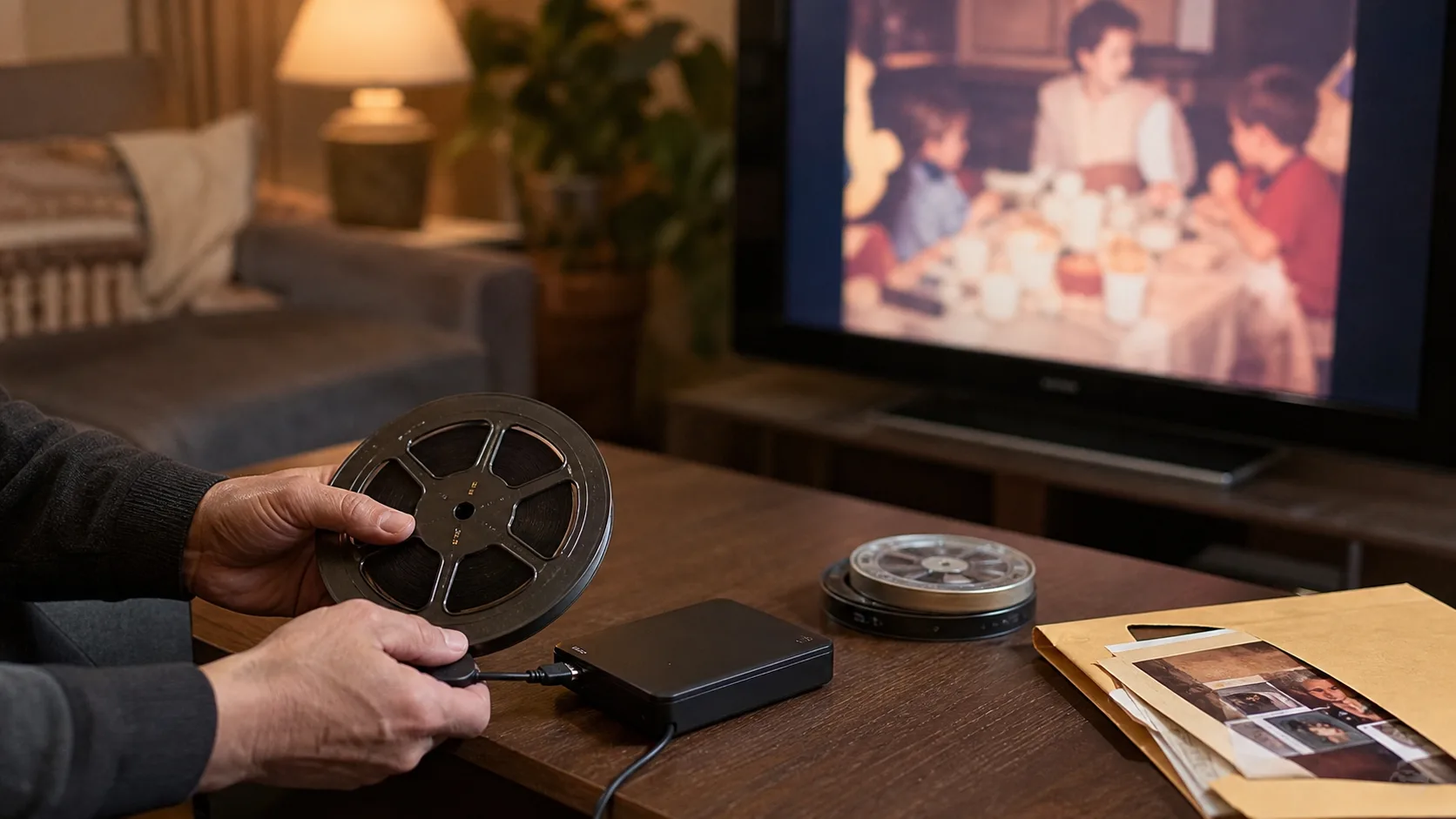 Bobine Super 8 numérisée avec disque de sauvegarde et film familial affiché sur un écran
