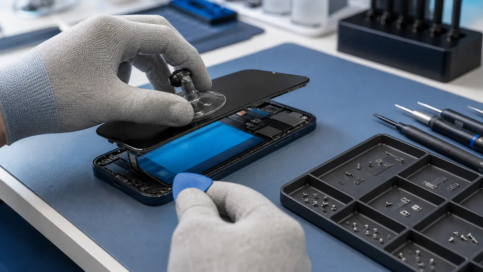 Technicien soulevant prudemment un écran de smartphone avec une ventouse