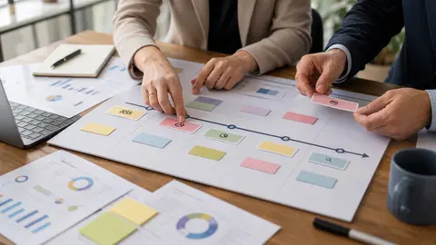 Consultants construisant une roadmap digitale avec priorités et indicateurs