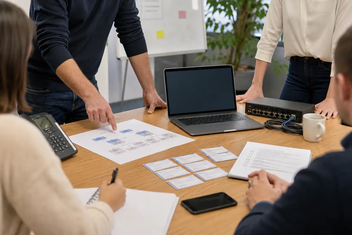 Équipe PME réalisant un exercice de reprise informatique avec plan d appel et ordinateur de secours