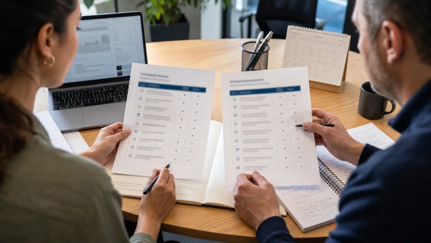 Comparaison de deux offres d’alternance cybersécurité sur une table de réunion