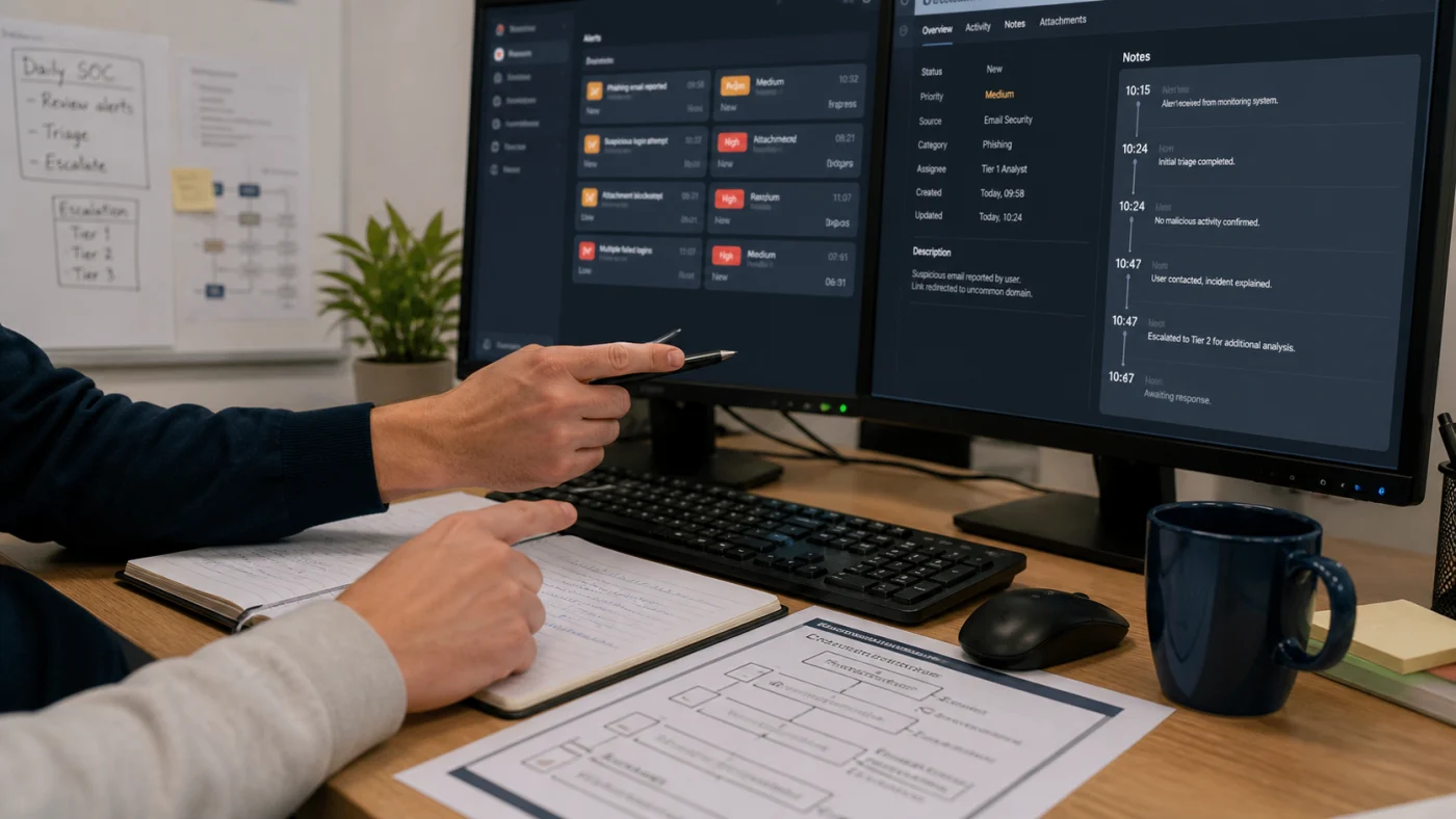 Qualification encadrée d’alertes SOC avec checklist et tickets anonymisés