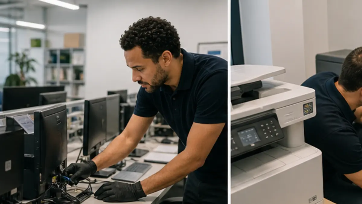 Technicien vérifiant les postes de travail et câbles en entreprise