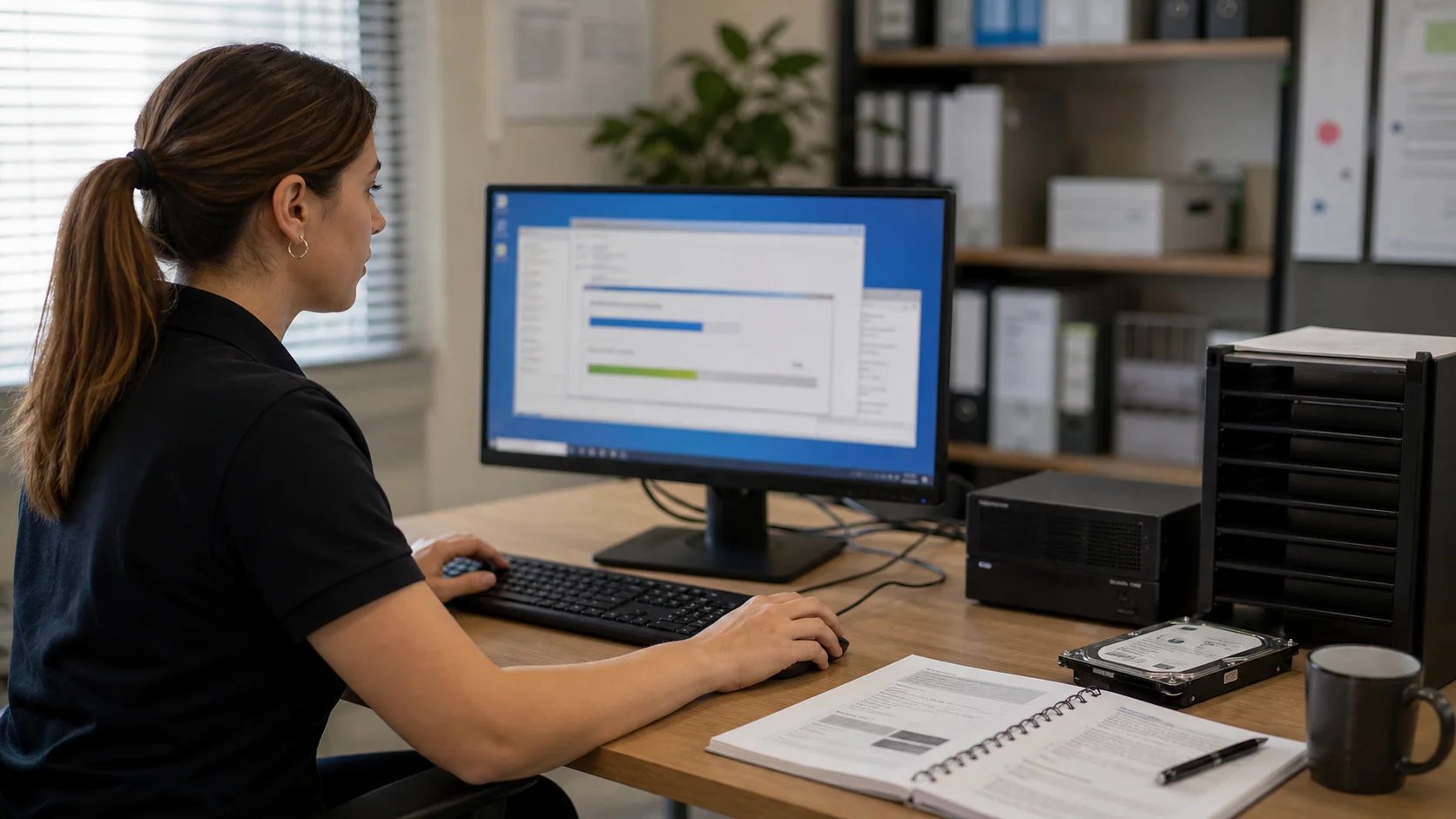 Technicienne informatique réalisant un test de restauration