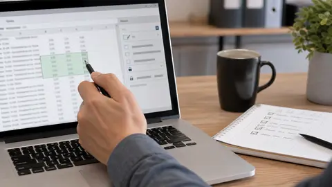 Main sélectionnant des cellules dans un tableur flouté avec une checklist de protection
