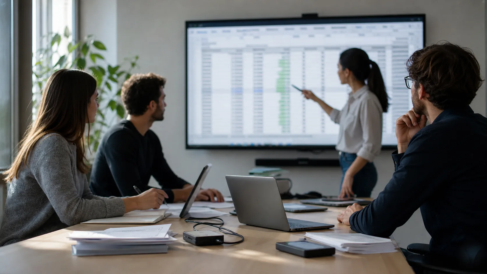 Équipe de bureau consultant ensemble un tableur sur un grand écran flouté