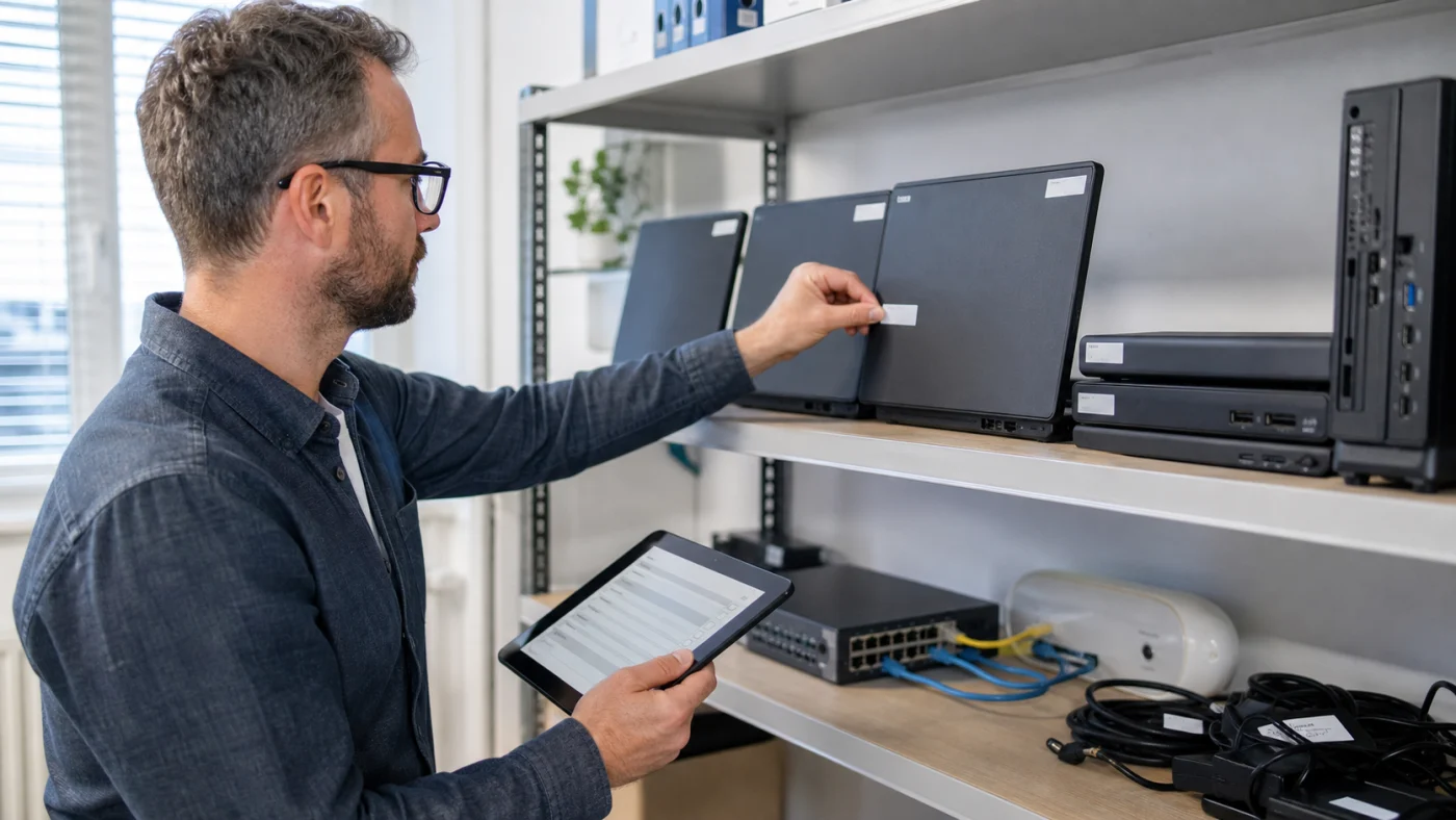Technicien vérifiant les étiquettes de matériel pendant un inventaire informatique