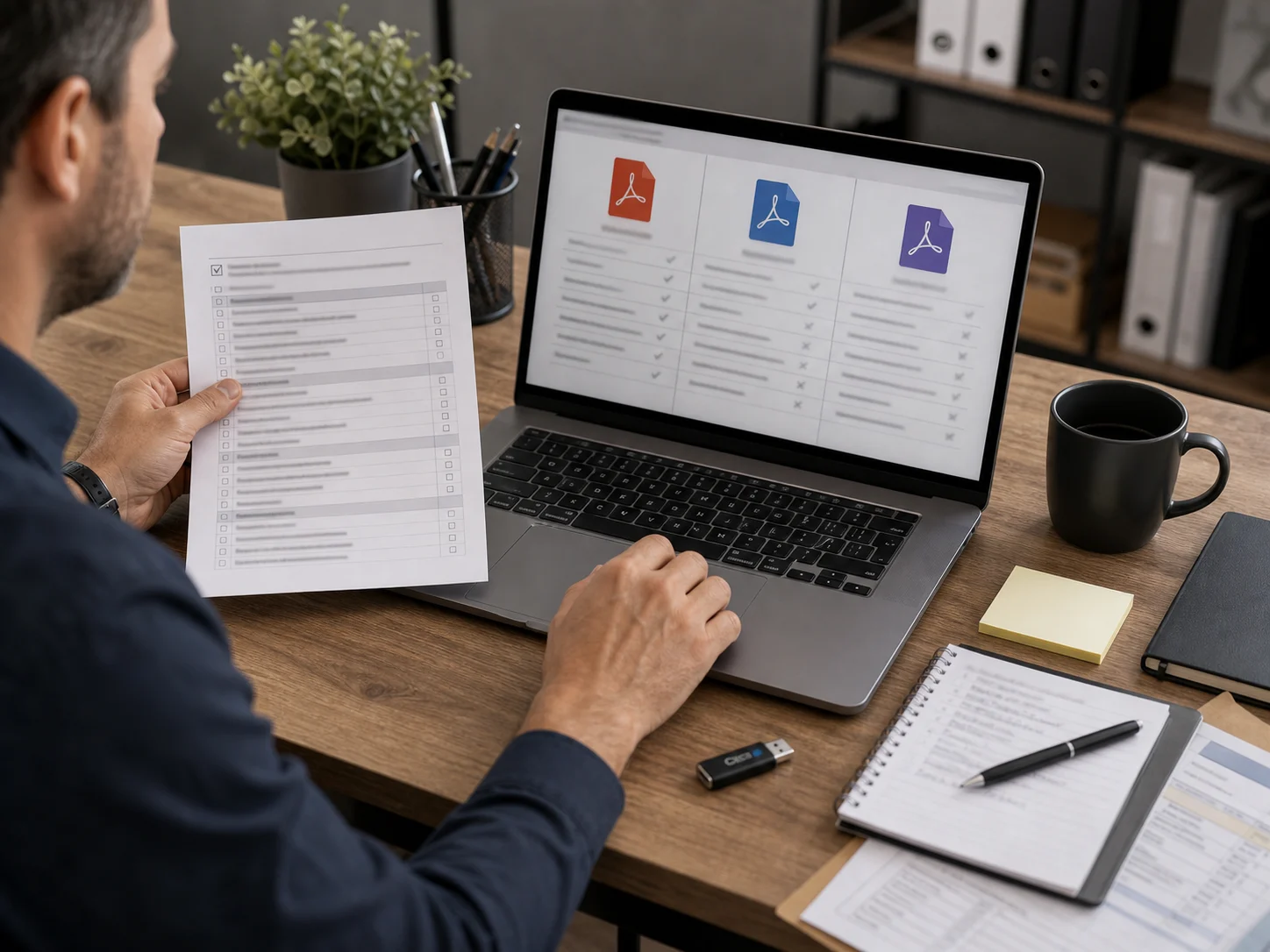 Responsable IT comparant plusieurs options de lecteur PDF avec une checklist