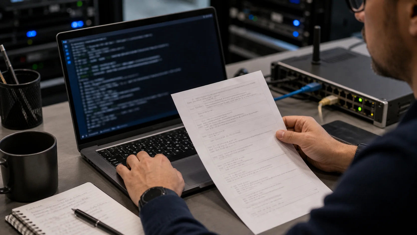 Administrateur lisant une commande Linux avant exécution