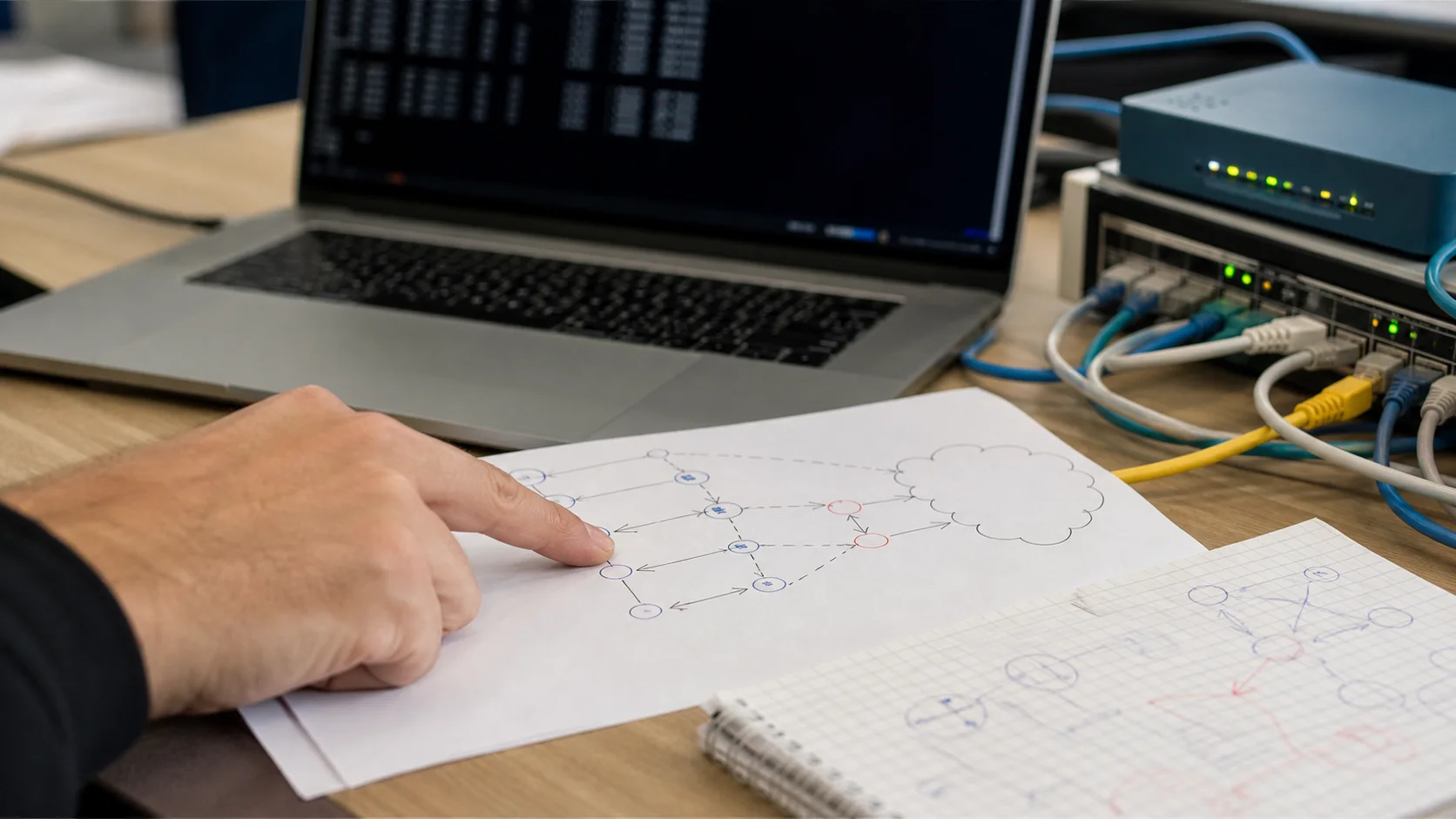 Analyse papier d’un chemin réseau et terminal Linux en arrière-plan